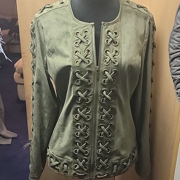 NWOT Boston Proper Khaki Olive Green Lace Up Grommet Faux Suede Jacket Sz Med - Picture 4 of 11